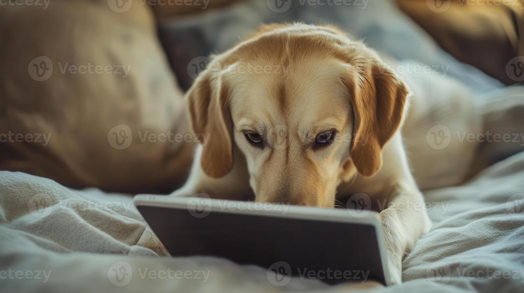 Curious dog interacting with tablet while lying on a cozy bed during a lazy afternoon photo