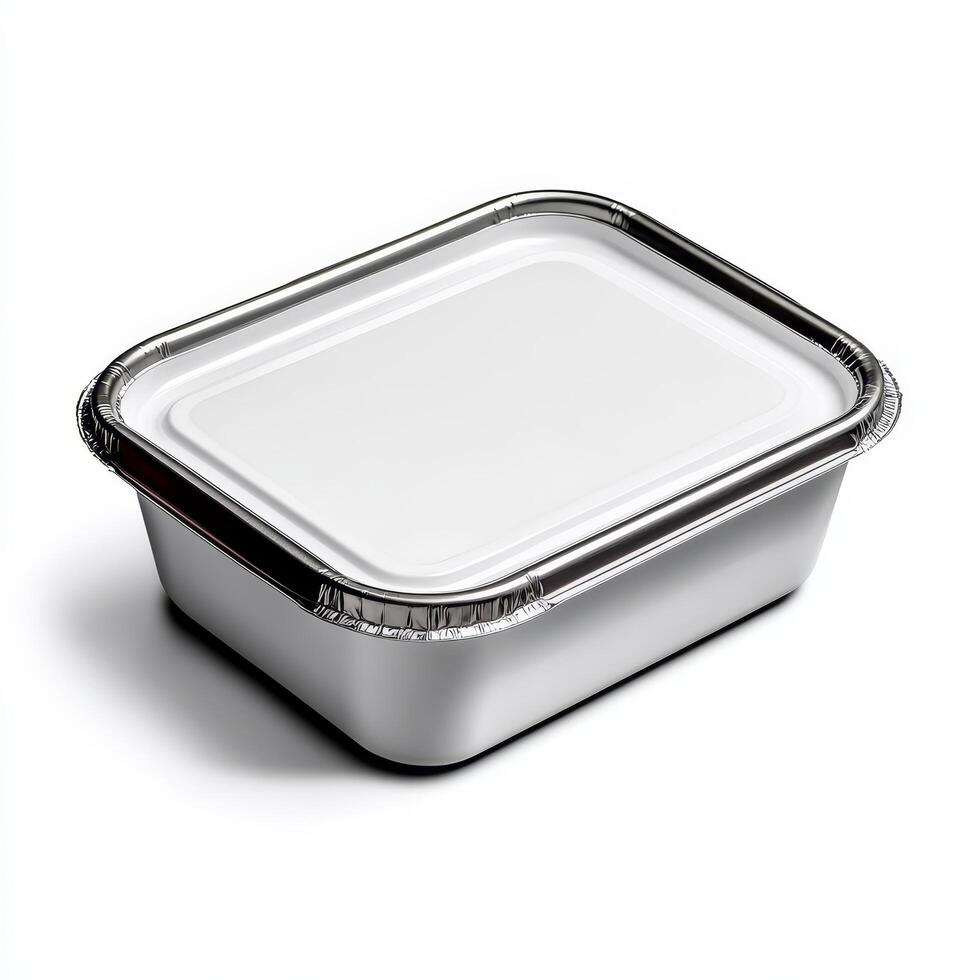 sleek, rectangular food container with shiny aluminum rim and white lid, perfect for meal prep or takeout. Ideal for storing various dishes securely photo