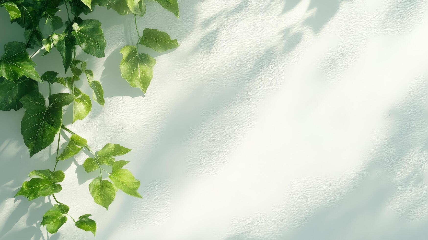 Green ivy leaves casting shadows on light wall, creating serene and minimalistic summer background photo