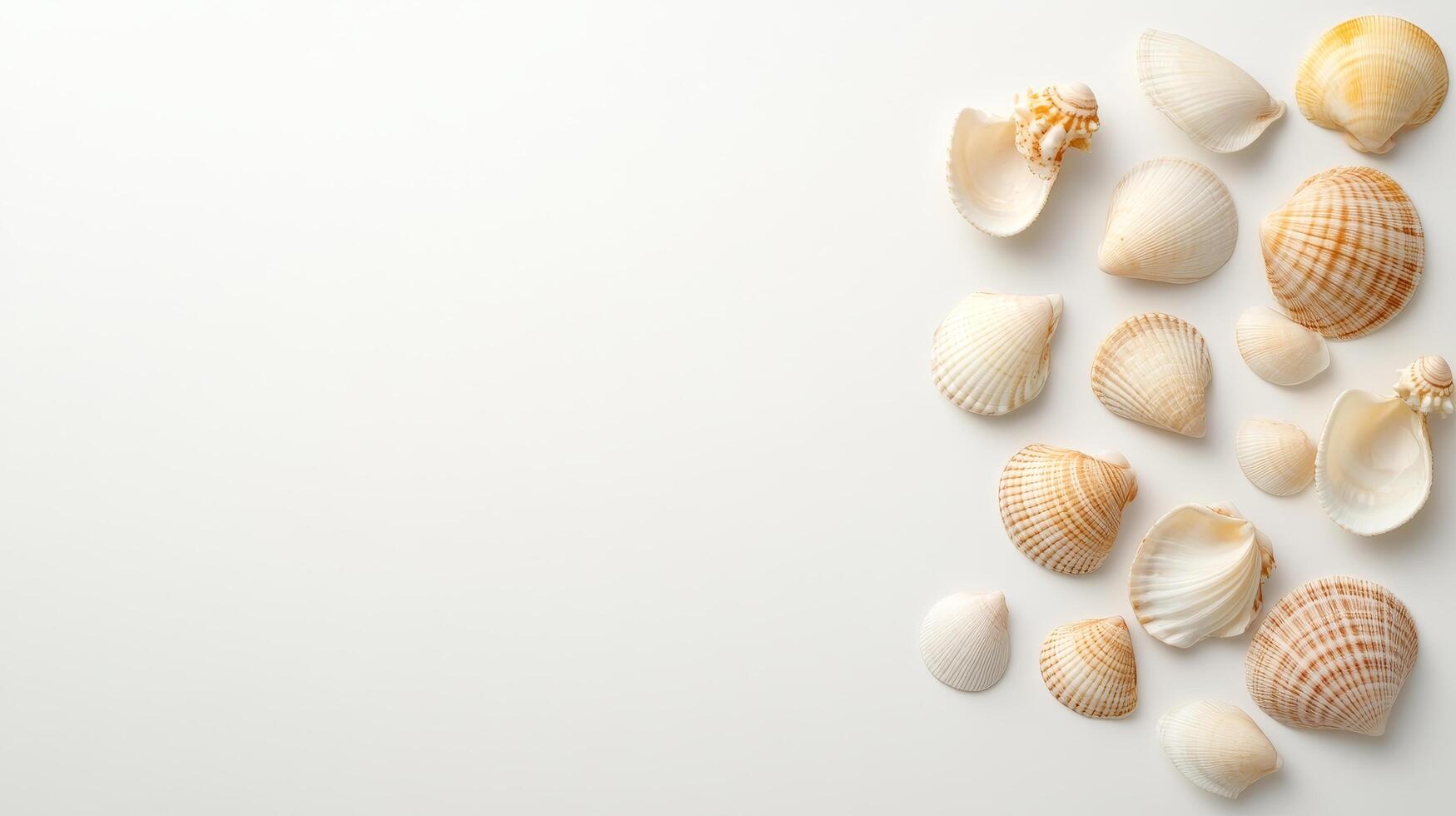 Seashells arranged on white background create simple and minimalistic summer vibe photo