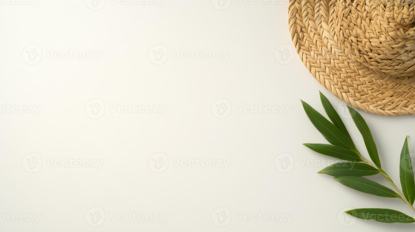 straw hat and green leaves on white background create simple summer vibe photo