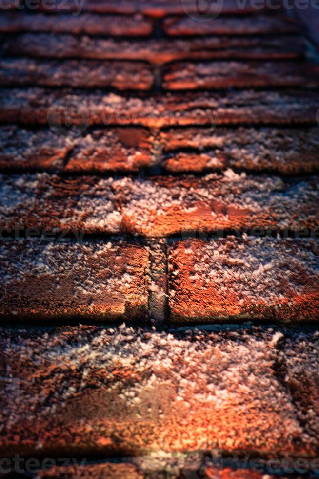 A brick wall in the snow is illuminated from below. Christmas background photo