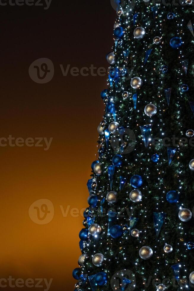 A Christmas tree on the background of an orange sky. Christmas background photo