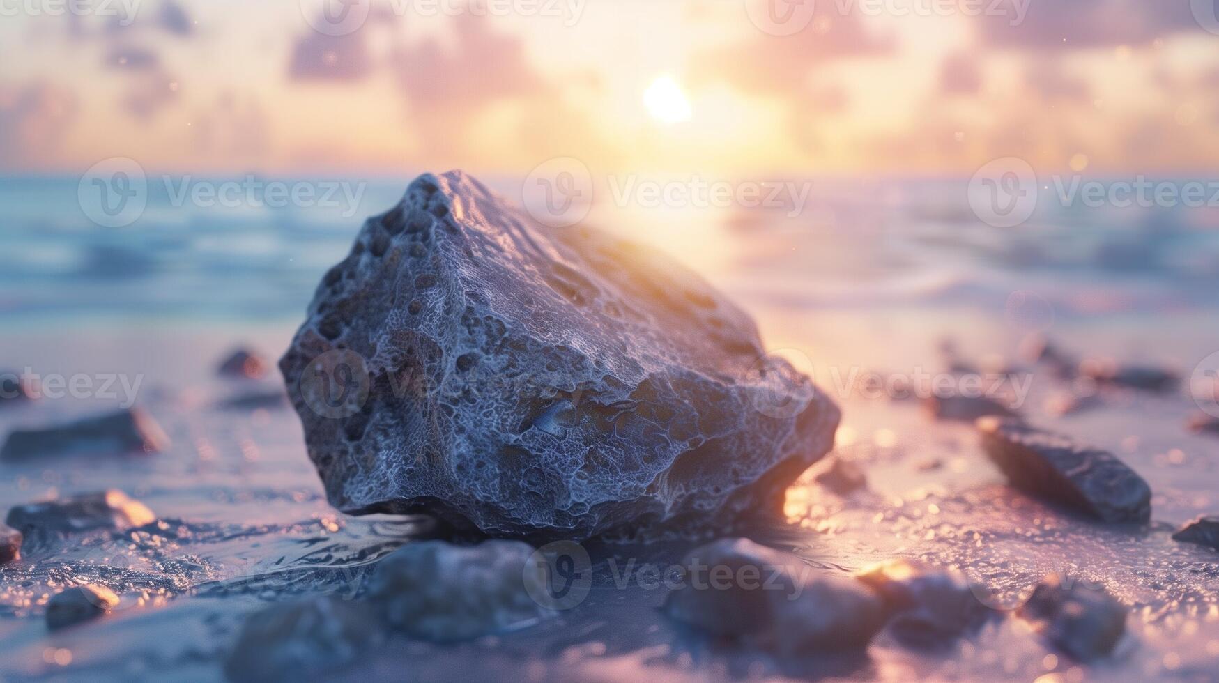 Stone grey chunk igneous rock on beach sand with sunset sky photo