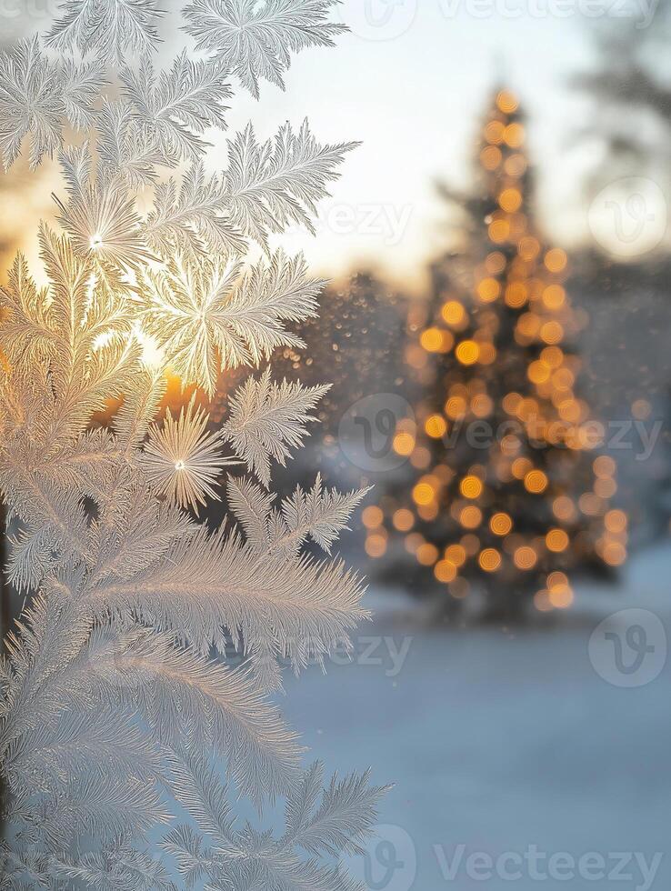 Frost patterns on window creating festive christmas scene at sunset photo