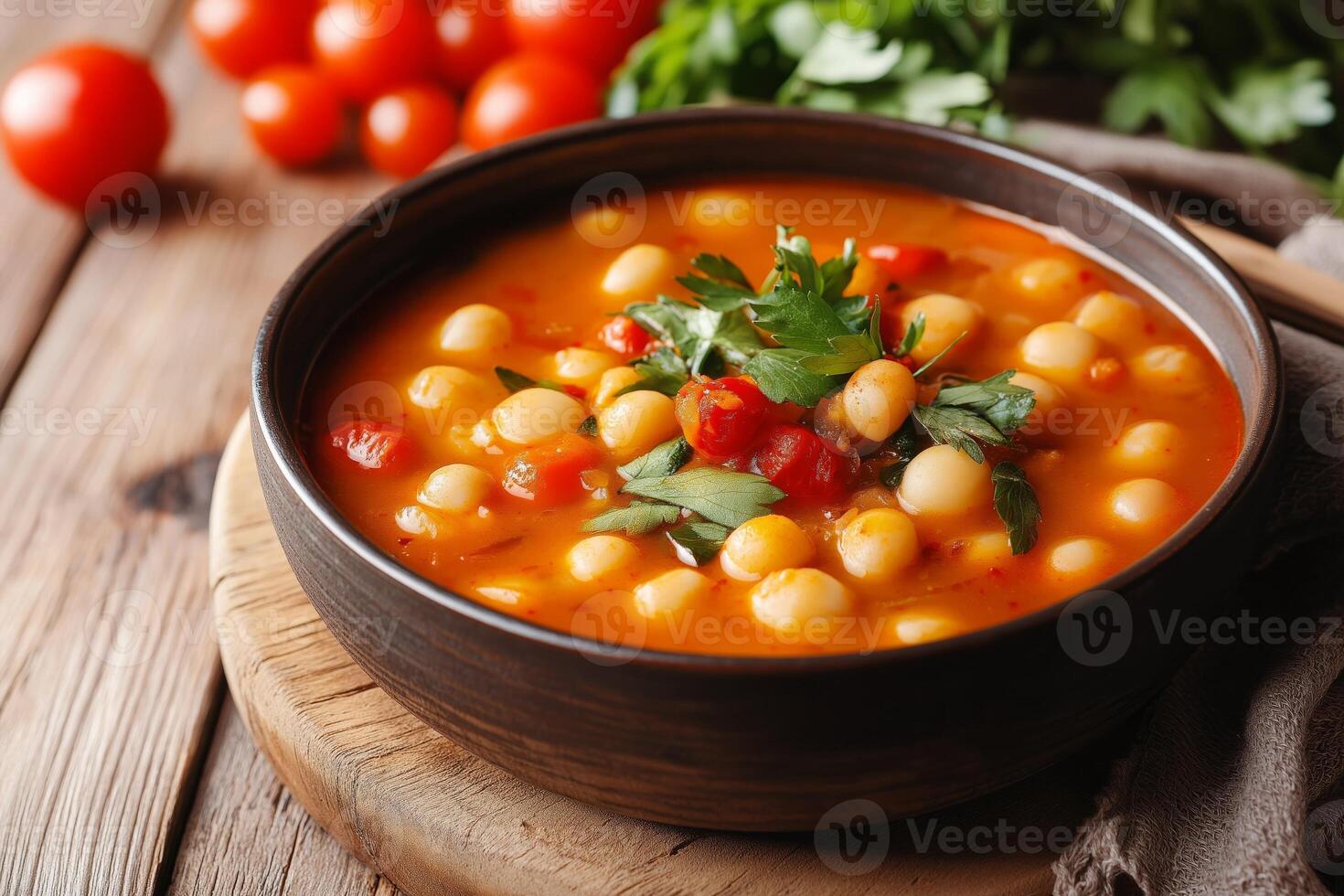 Bean soup with tomatoes and parsley resting on wooden cutting board photo