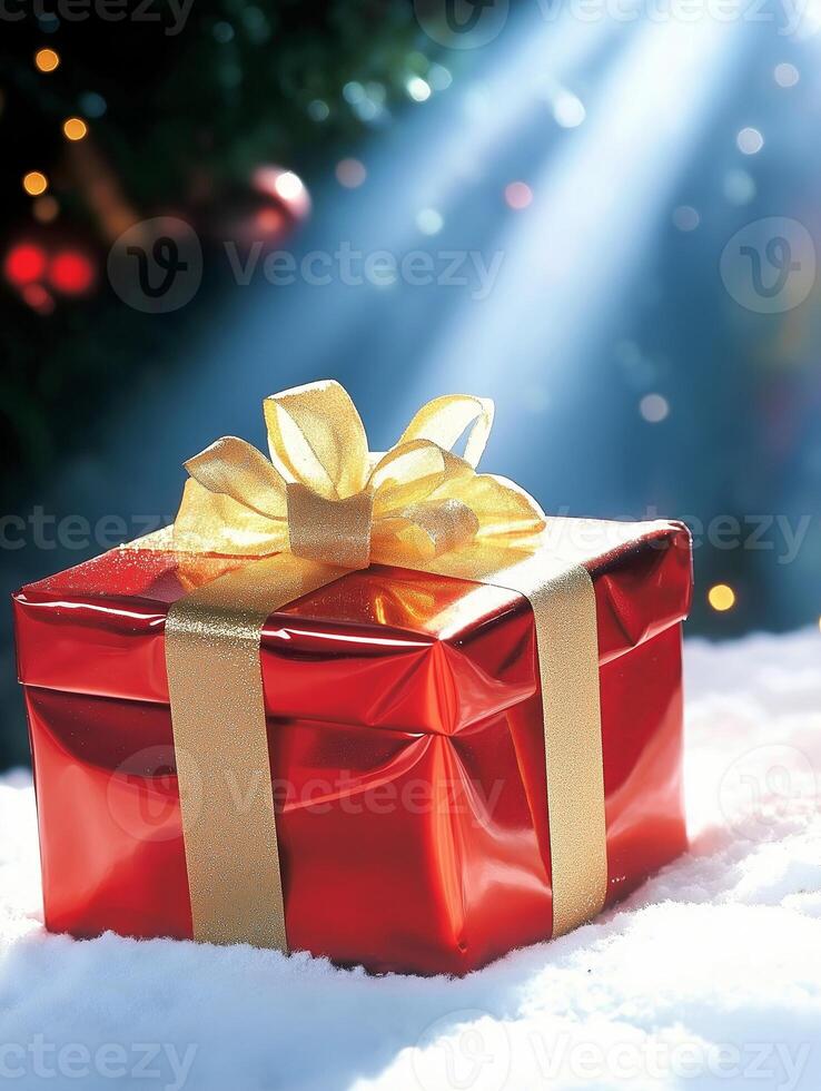 Red christmas gift resting on snow in front of decorated tree photo