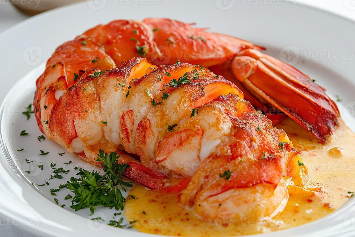Grilled lobster tails with butter sauce and parsley garnish on white plate photo
