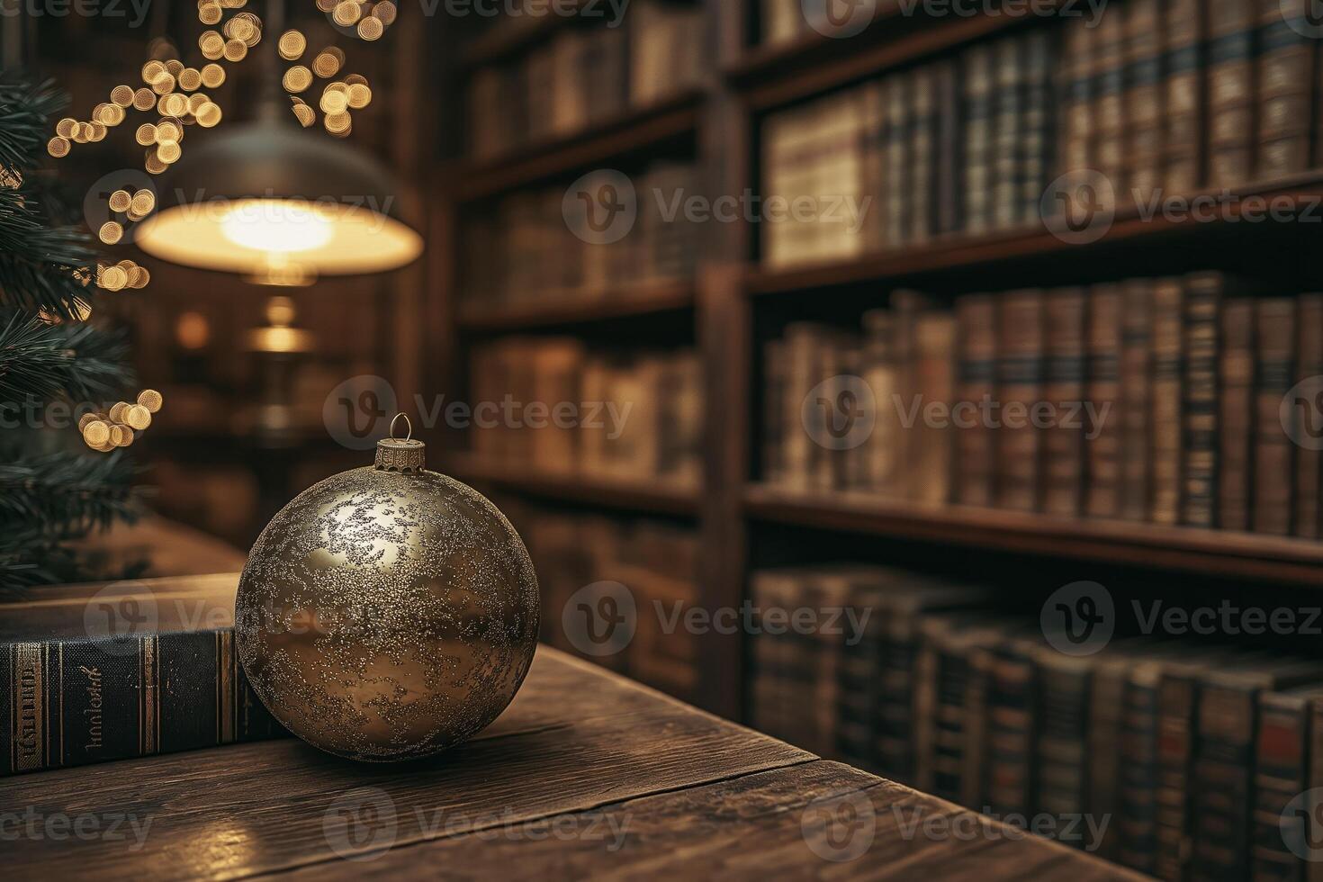 Golden christmas ball ornament resting on table in a cozy library photo