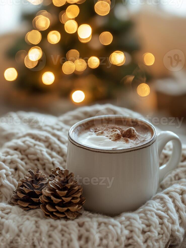 Steaming hot chocolate creating cozy atmosphere by christmas tree photo