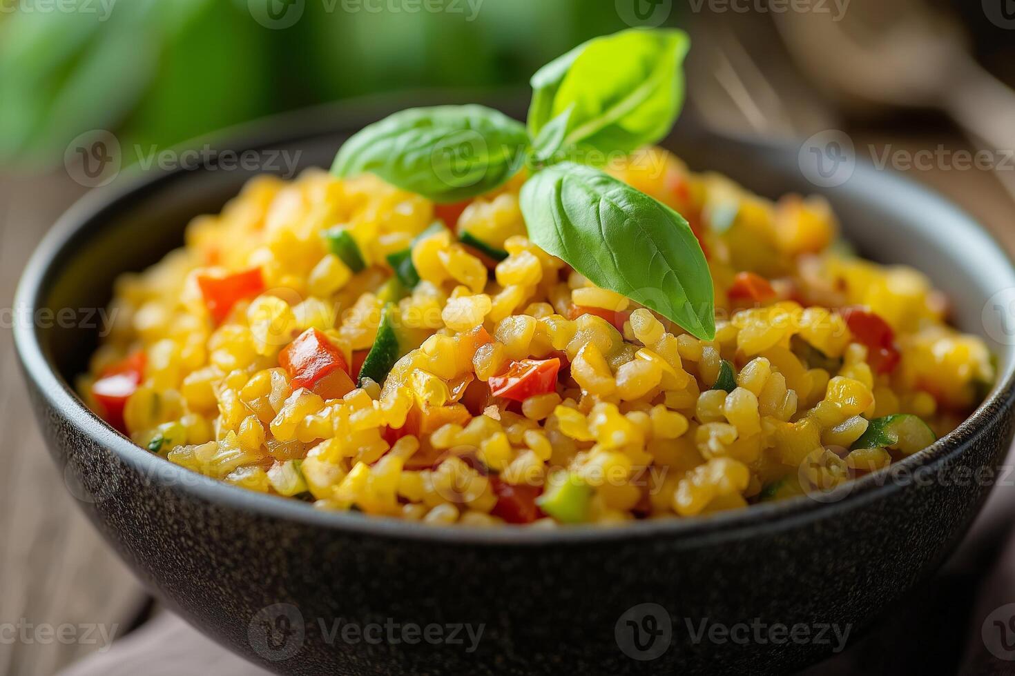 Steamed bulgur with vegetables and basil in a bowl photo