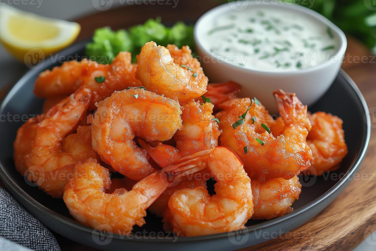 Fried shrimps with herbs and tartar sauce garnished with lemon and salad photo