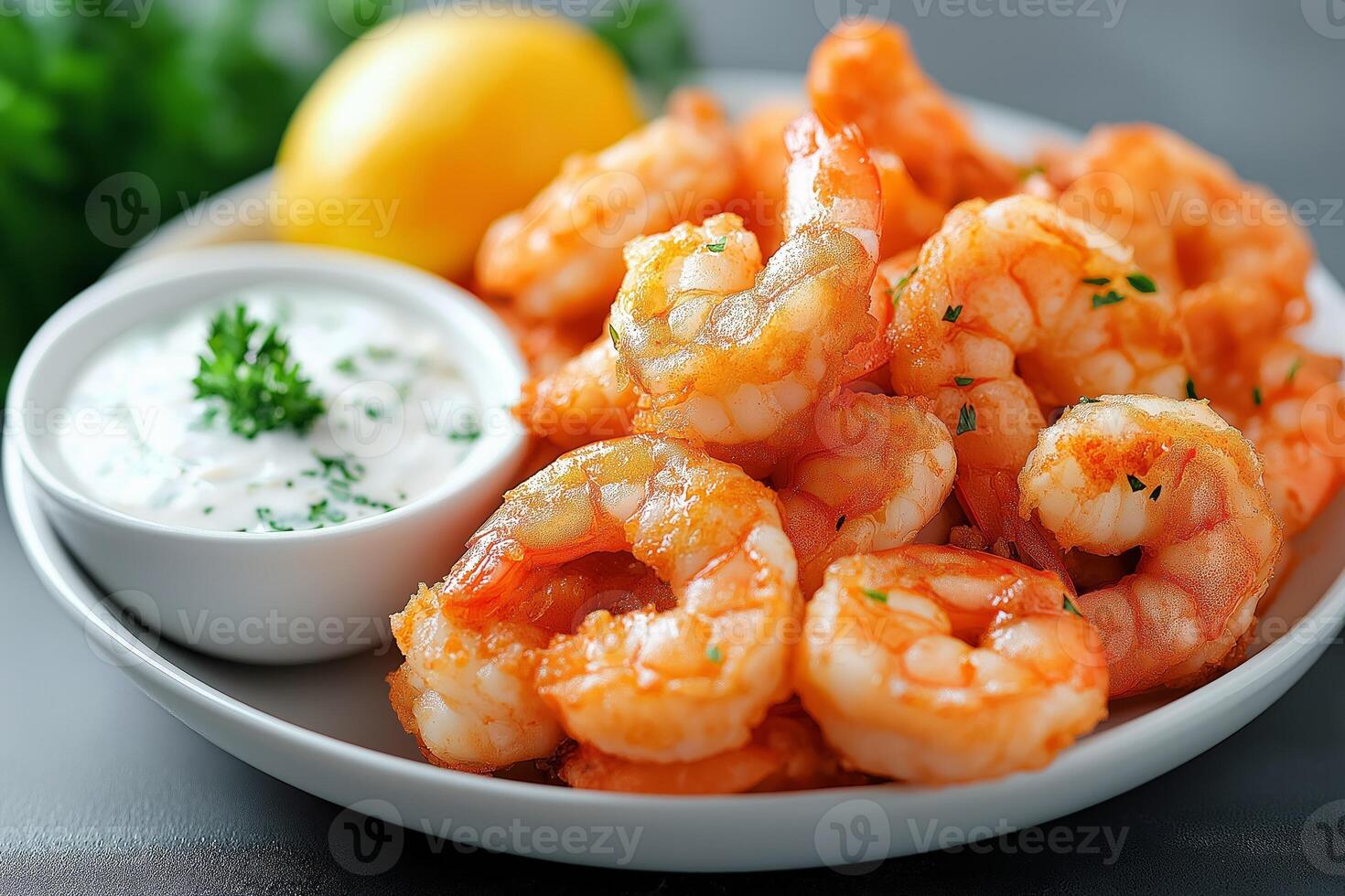 Fried shrimps with tartar sauce, lemon and parsley garnish on white plate photo