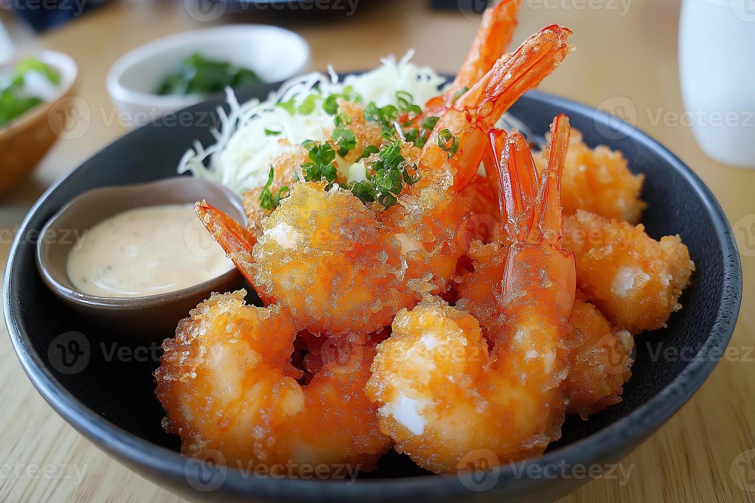 Japanese breaded fried shrimp with tartar sauce and cabbage salad photo