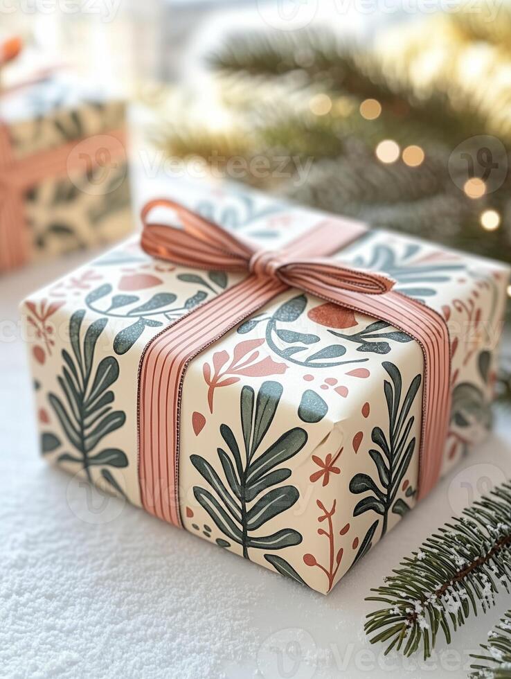 Christmas gift wrapped with floral paper lying on snow with fir branches and lights in the background photo