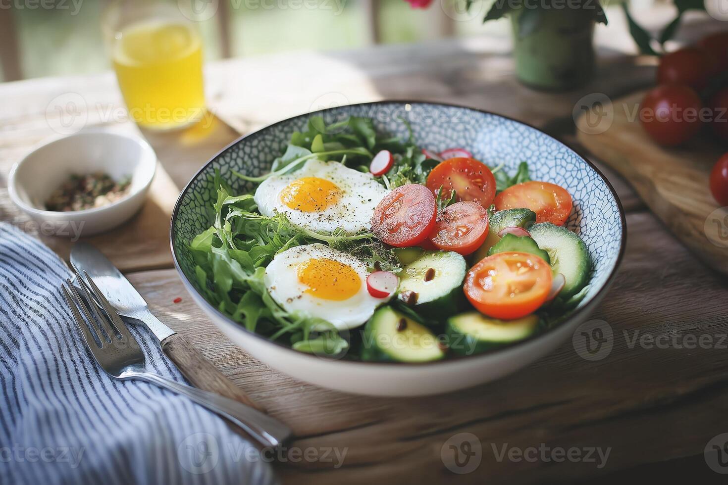 Healthy green salad with fried eggs, tomatoes and cucumber for breakfast photo