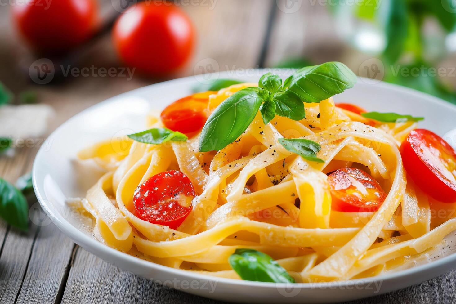 Creamy tagliatelle pasta with cherry tomatoes and basil on wooden table photo