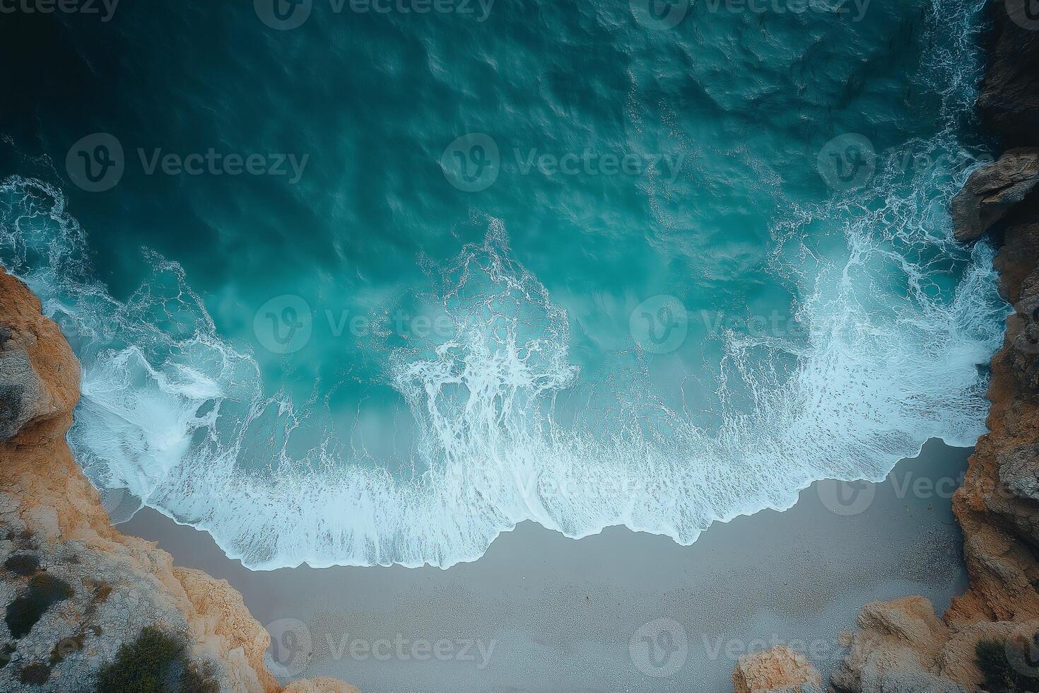Turquoise ocean waves crashing on secluded sandy beach, aerial view photo