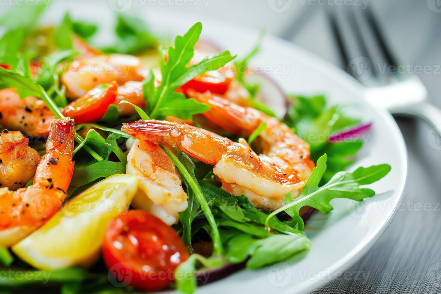 Delicious grilled shrimp salad with arugula, lemon, and tomatoes photo