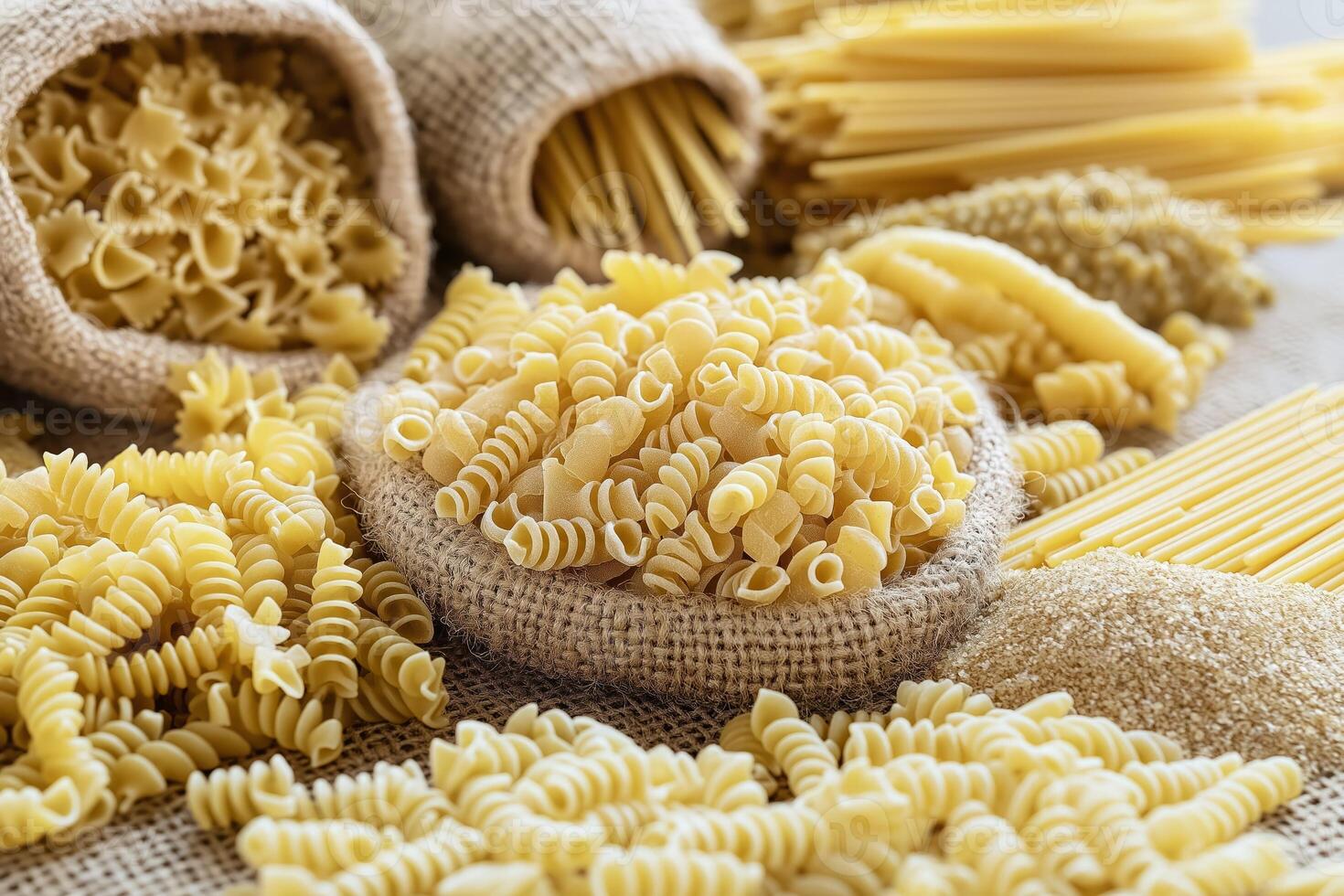 Various types of pasta displayed on burlap of fusilli, spaghetti, farfalle, and semolina photo