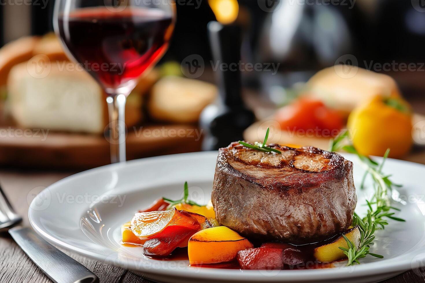 Sizzling grilled steak with roasted vegetables and red wine pairing photo