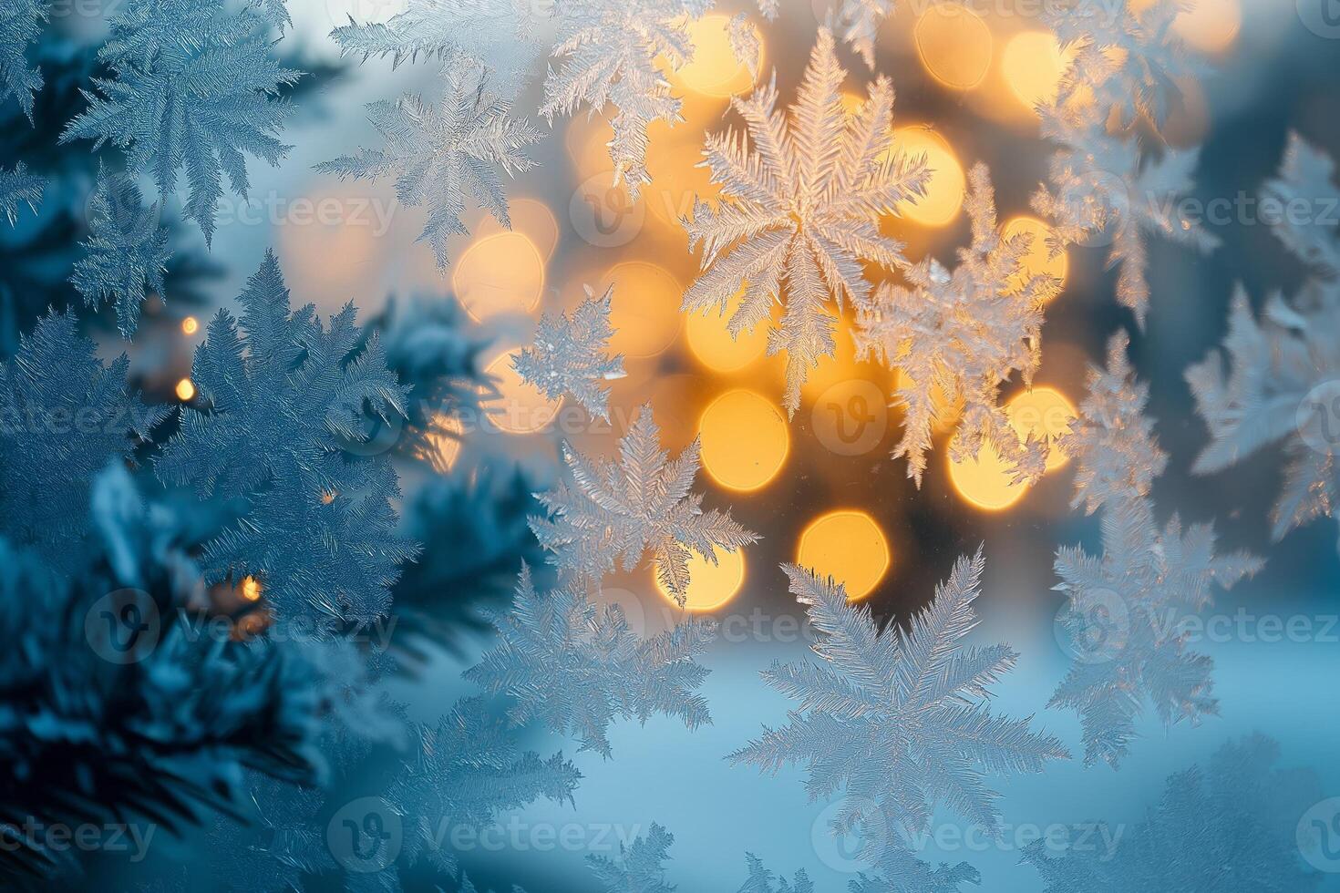 Frost forming beautiful patterns on window during winter with warm bokeh lights in background photo
