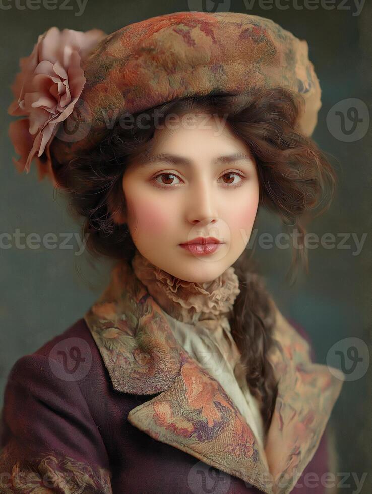 Young mongolian woman wearing traditional clothing and ornate hat photo