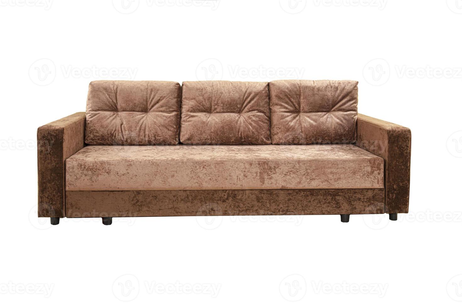 Brown sofa with velor fabric pillows isolated on a white background. Cushioned furniture. photo