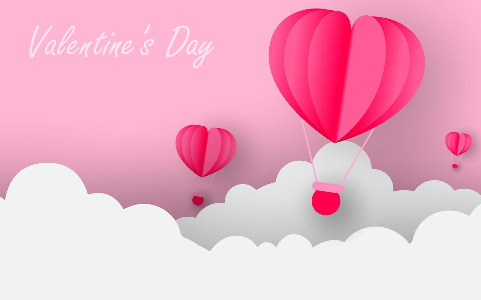 Paper art style love concept greeting card with air balloons flying in the sky. vector