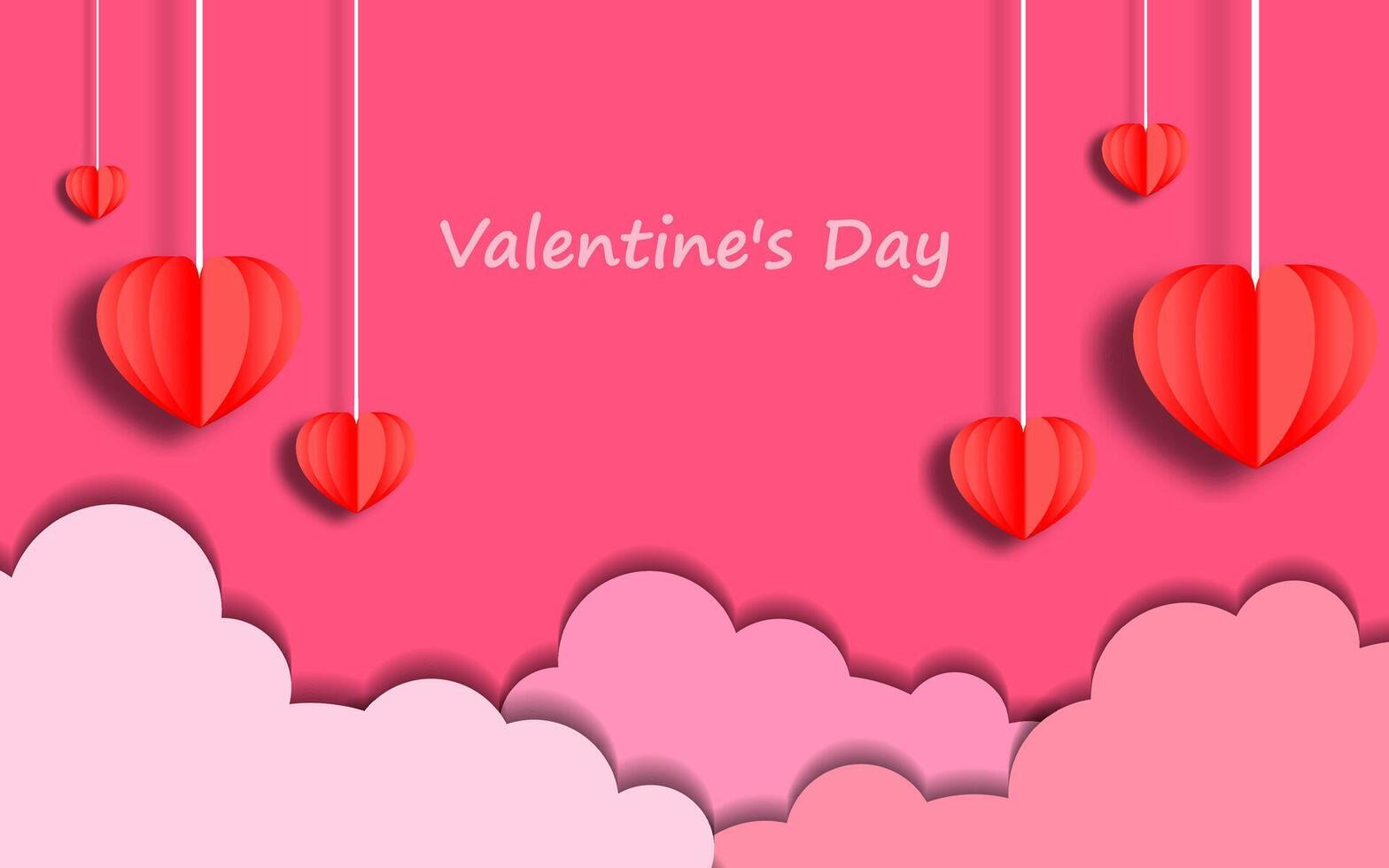 Valentines day greeting background in paper cut realistic style. Paper clouds, flying realistic hearts on a string. vector