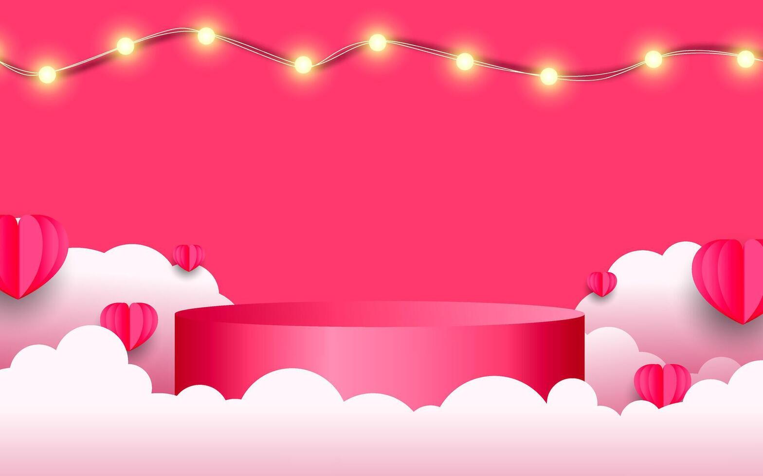 Horizontal banner with pink sky and paper cut clouds. Happy Valentine's Day sale header. vector