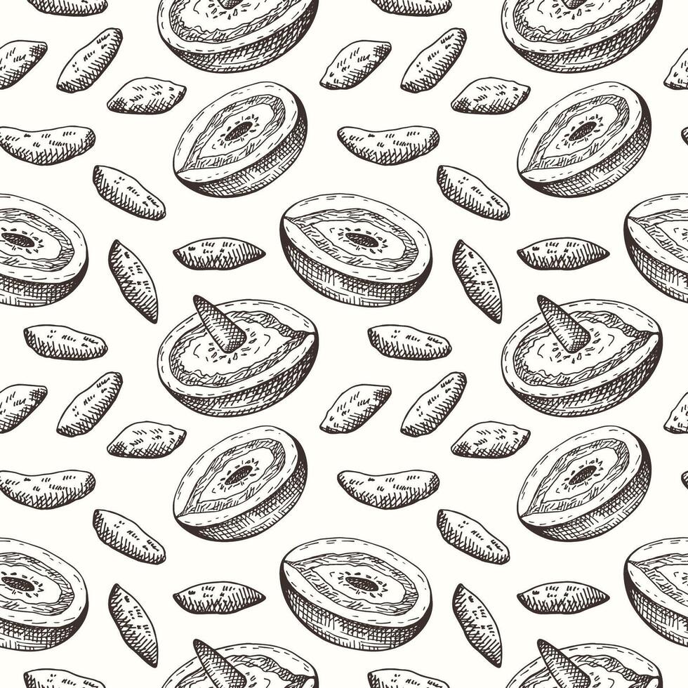 Seamless pattern with woody plant Dipteryx fragrans, fruits and seeds. Hand drawn repeating background with Mexican vanilla Tonka beans. Seasoning, incense, talisman, food ingredient vector