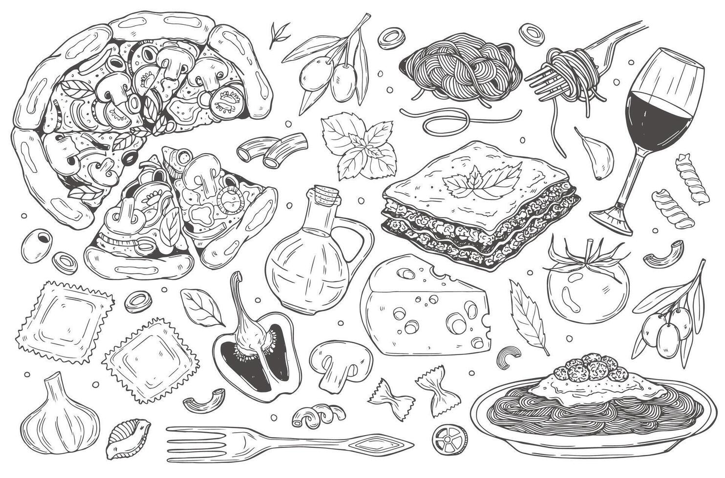 Set of doodles, hand drawn rough simple Italian cuisine food sketches. Isolated on white background vector