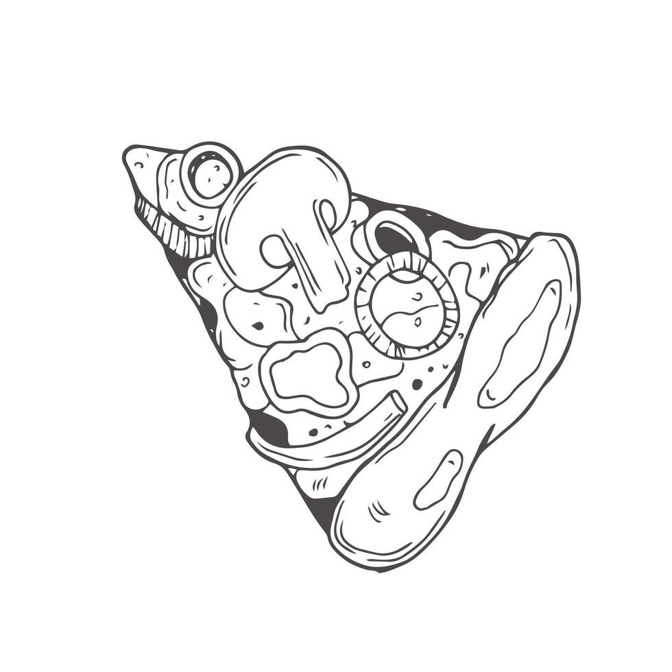 Pizza slice drawing. Hand drawn pizza illustration. Great for menu, poster or label. vector