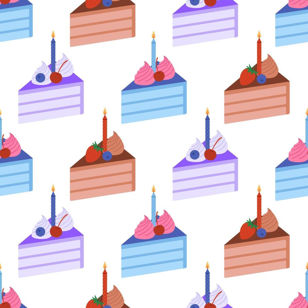 Seamless pattern with colorful pieces of cake with candles, cream and berries on white background. Dessert for birthday, anniversary. Flat illustration for wallpaper, textile, packaging vector