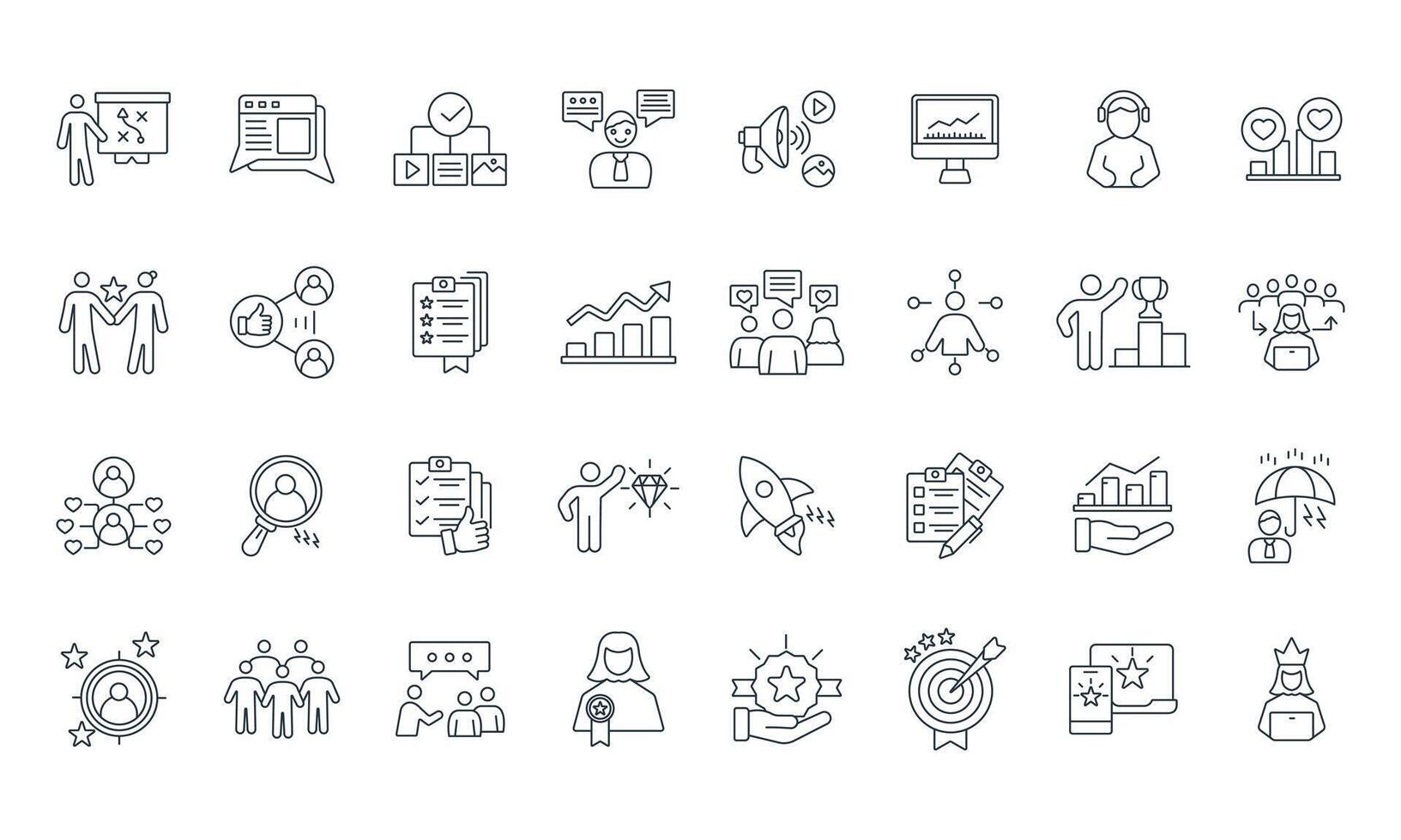 Community Manager activities icons set . Community Manager activities pack symbol elements for infographic web vector