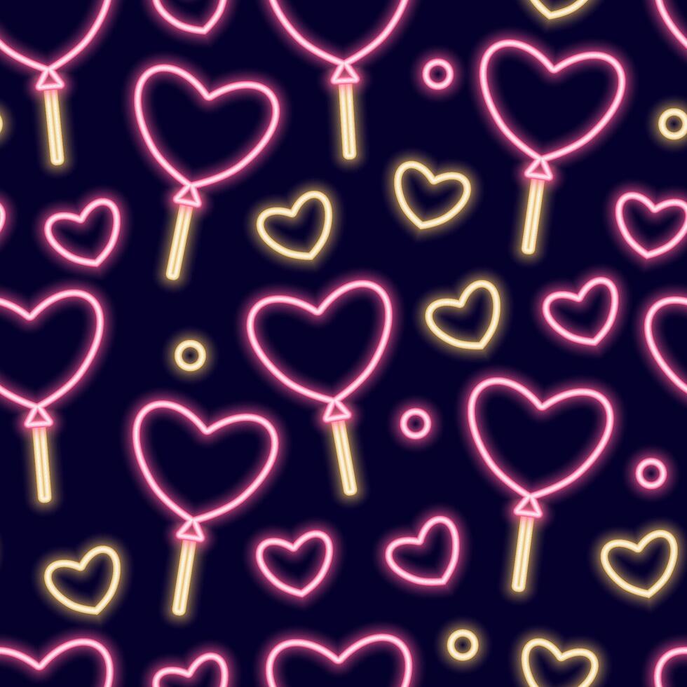 Neon seamless pattern with romantic Valentines Day themed icons. vector