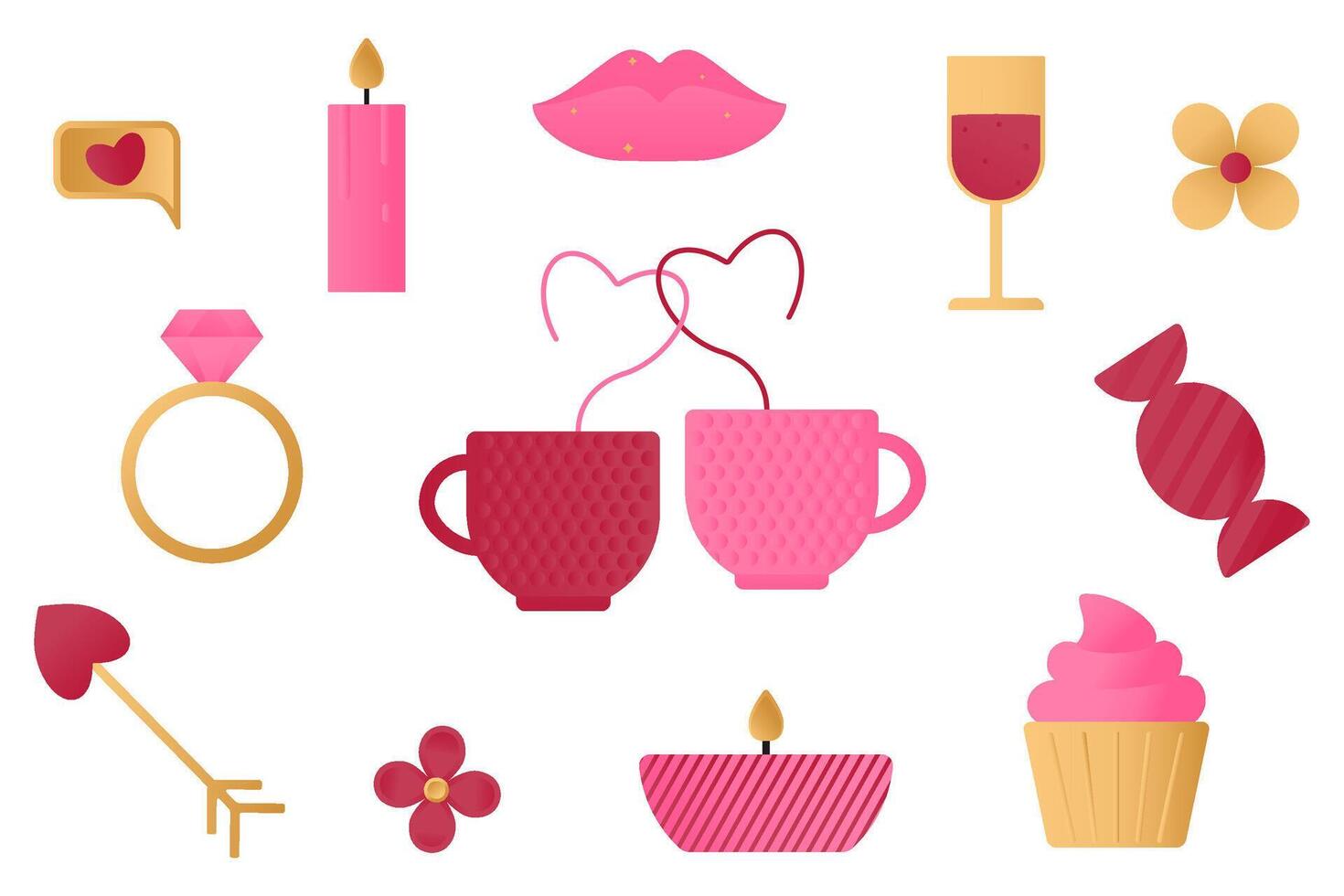 Set of elements with romantic symbols - lips, cupcake, flower, ring, candles, SMS, cups with hearts. vector