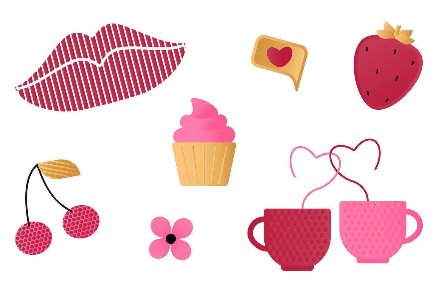 Set of elements with romantic symbols - lips, cupcake, flower, cherry, strawberry, SMS, cups with hearts. vector