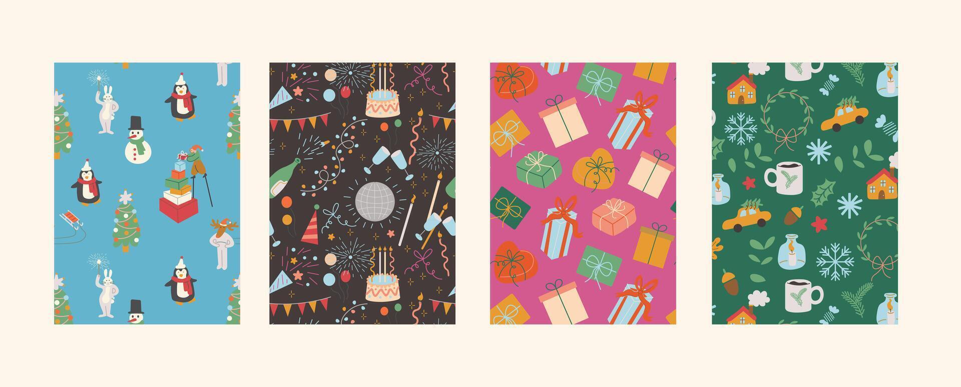 Set of vertical celebrating Christmas and New Year pattern postcards in . Templates for backdrop background poster postcards social media cover vector
