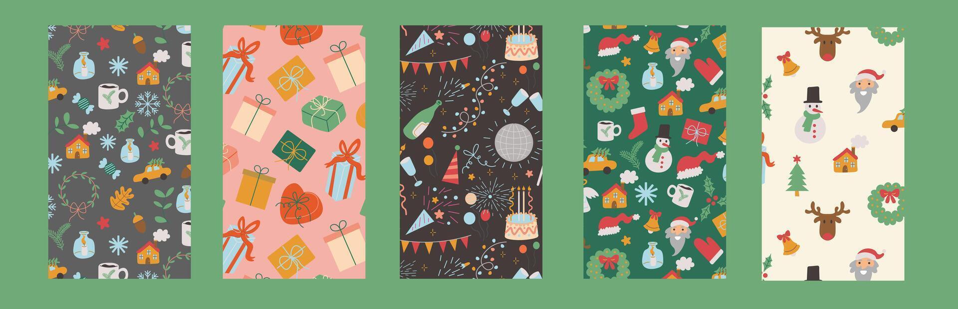 Set of vertical Christmas and New Year pattern backgrounds with celebrating elements. Templates for backdrop background poster postcards social media cover vector