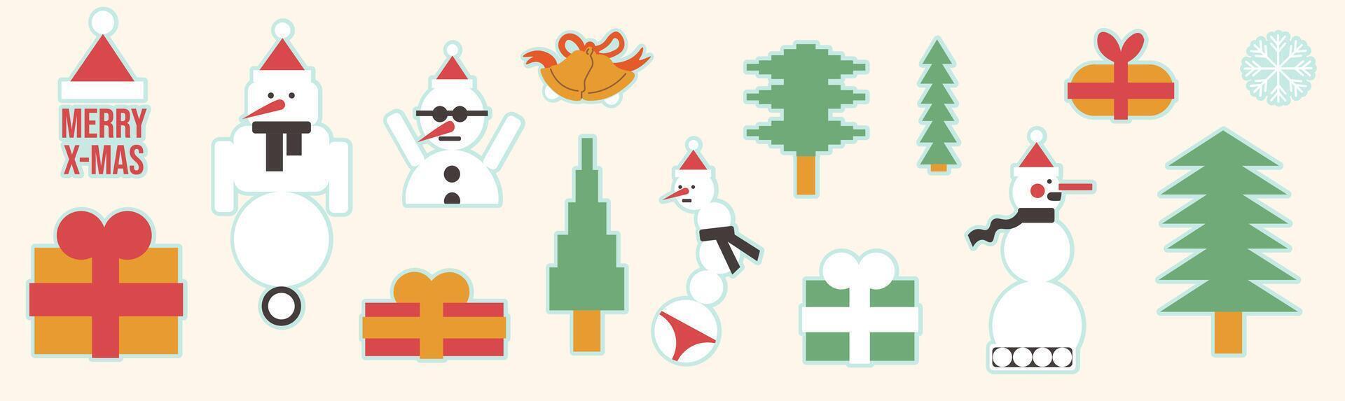 Big Christmas and New Year sticker pack in shape flat style. Elements for poster postcards stickers design vector
