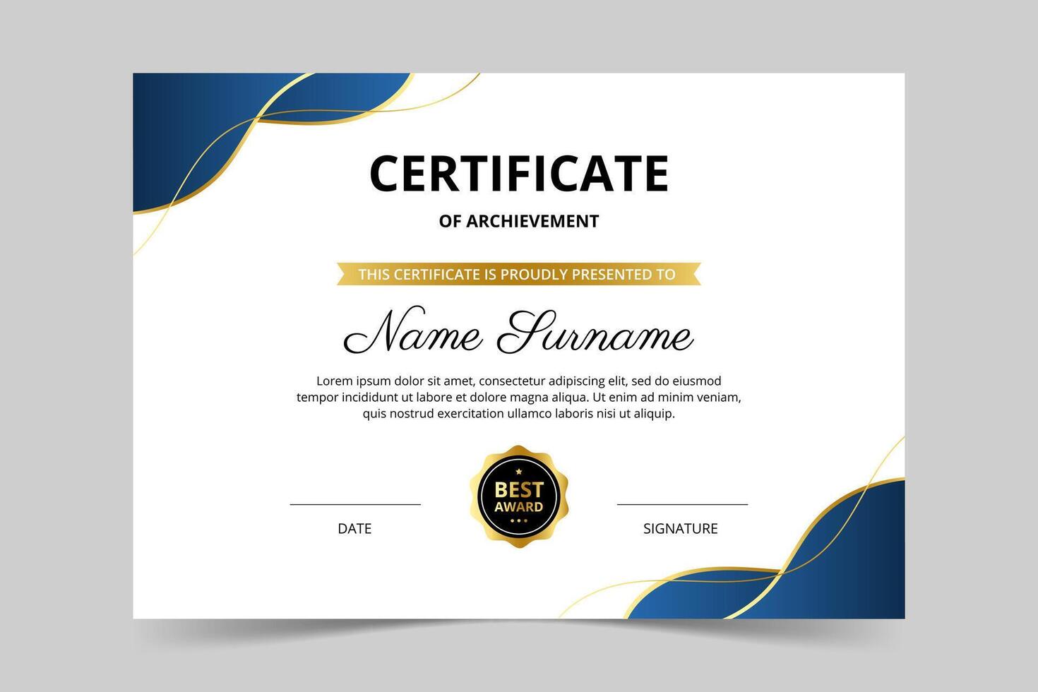 Modern elegant blue and gold certificate template. Appreciation for business and education vector
