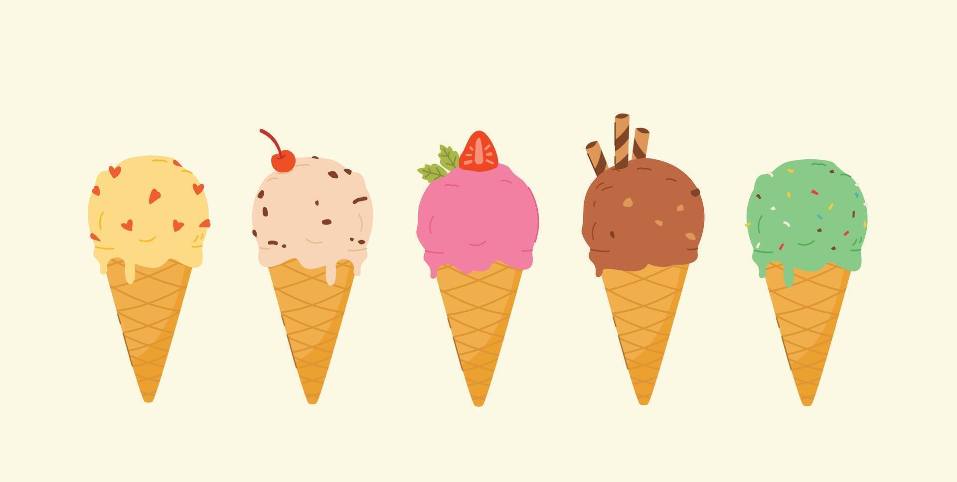 Ice cream cones with various flavors and toppings, desserts, sweet street food for posters and web icons vector