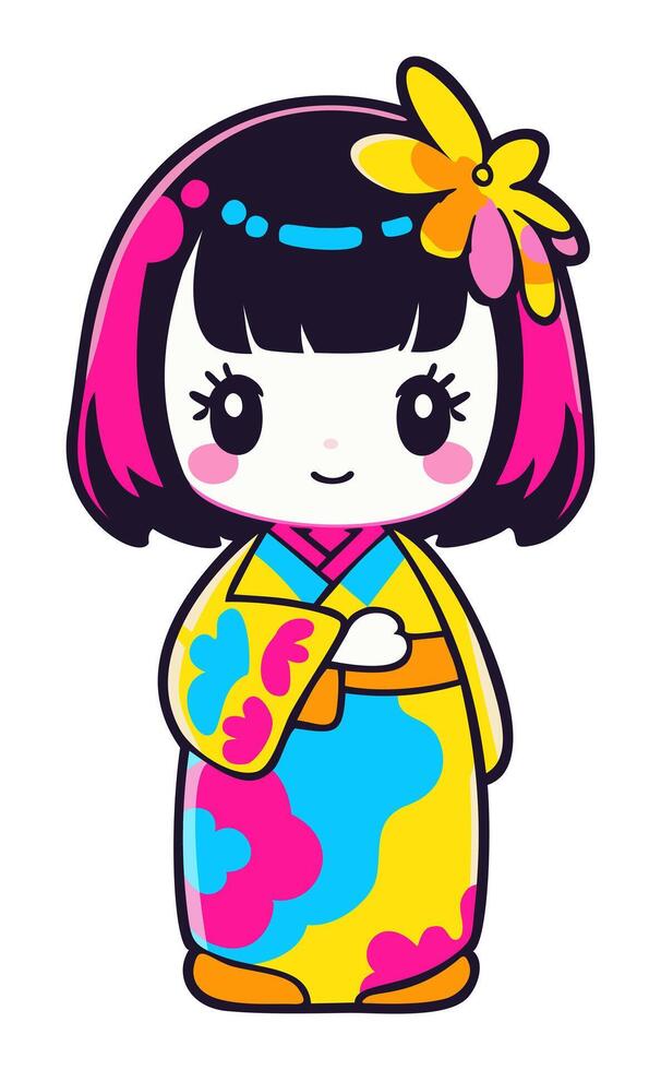 Cute bright japanese kokeshi doll. isolated illustration in vivid colors vector