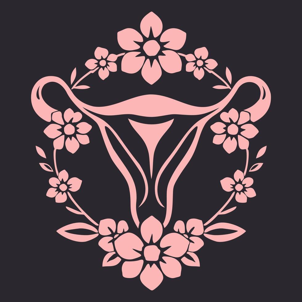 Uterus icon. Female reproductive system surrounded with flowers. Simple illustration isolated on dark background. Soft pink color vector