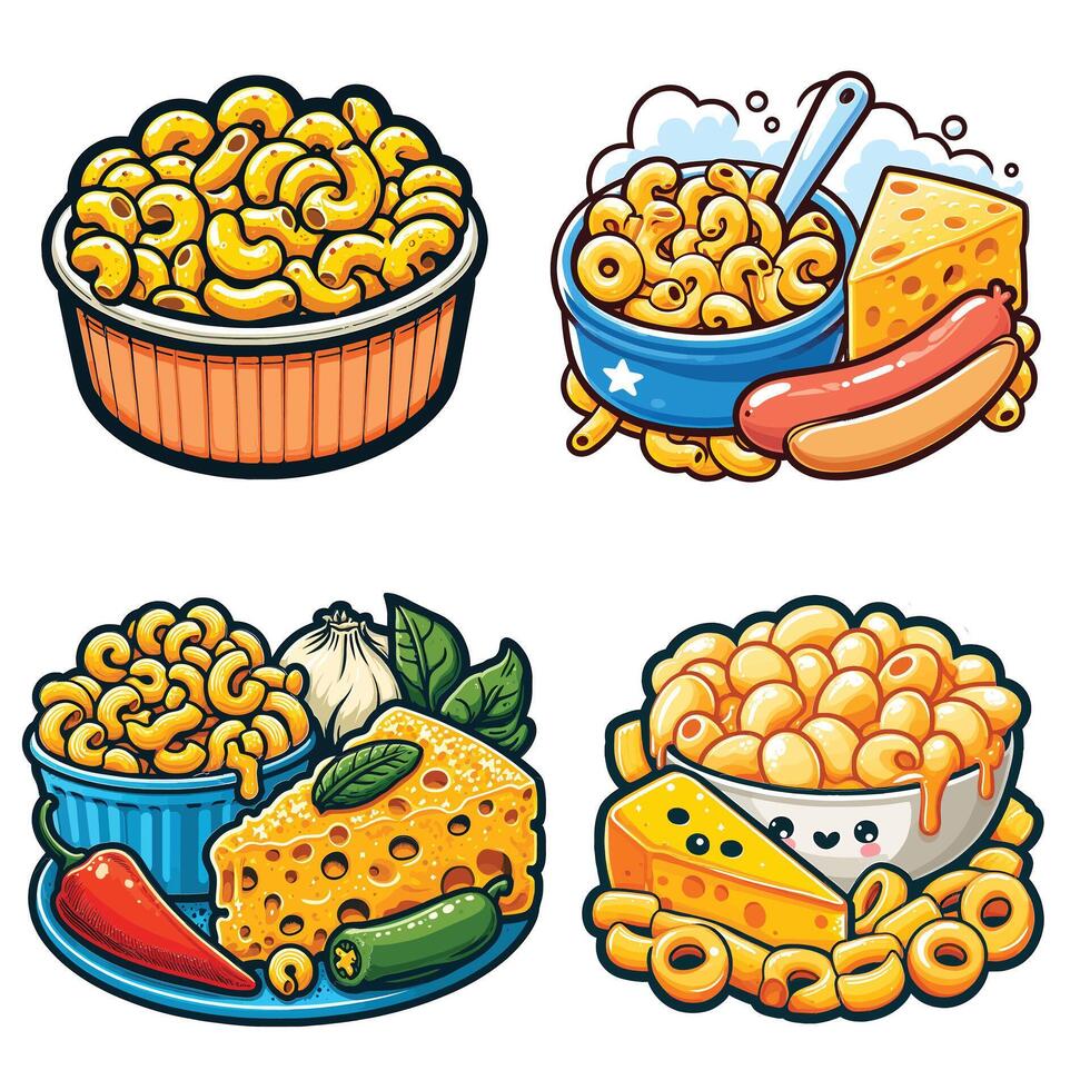 Cartoon Mac and Cheese Dishes with Cheese and Hot Dogs vector