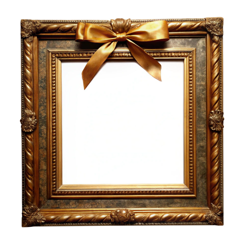 Gold frame with ribbon and white paper png