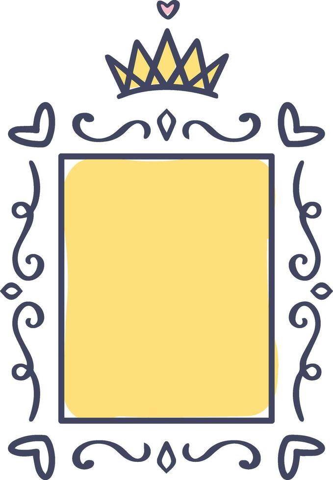 Hand drawn golden crown with hearts and flourishes decorating a yellow vertical frame, creating a royal and romantic design perfect for various projects vector