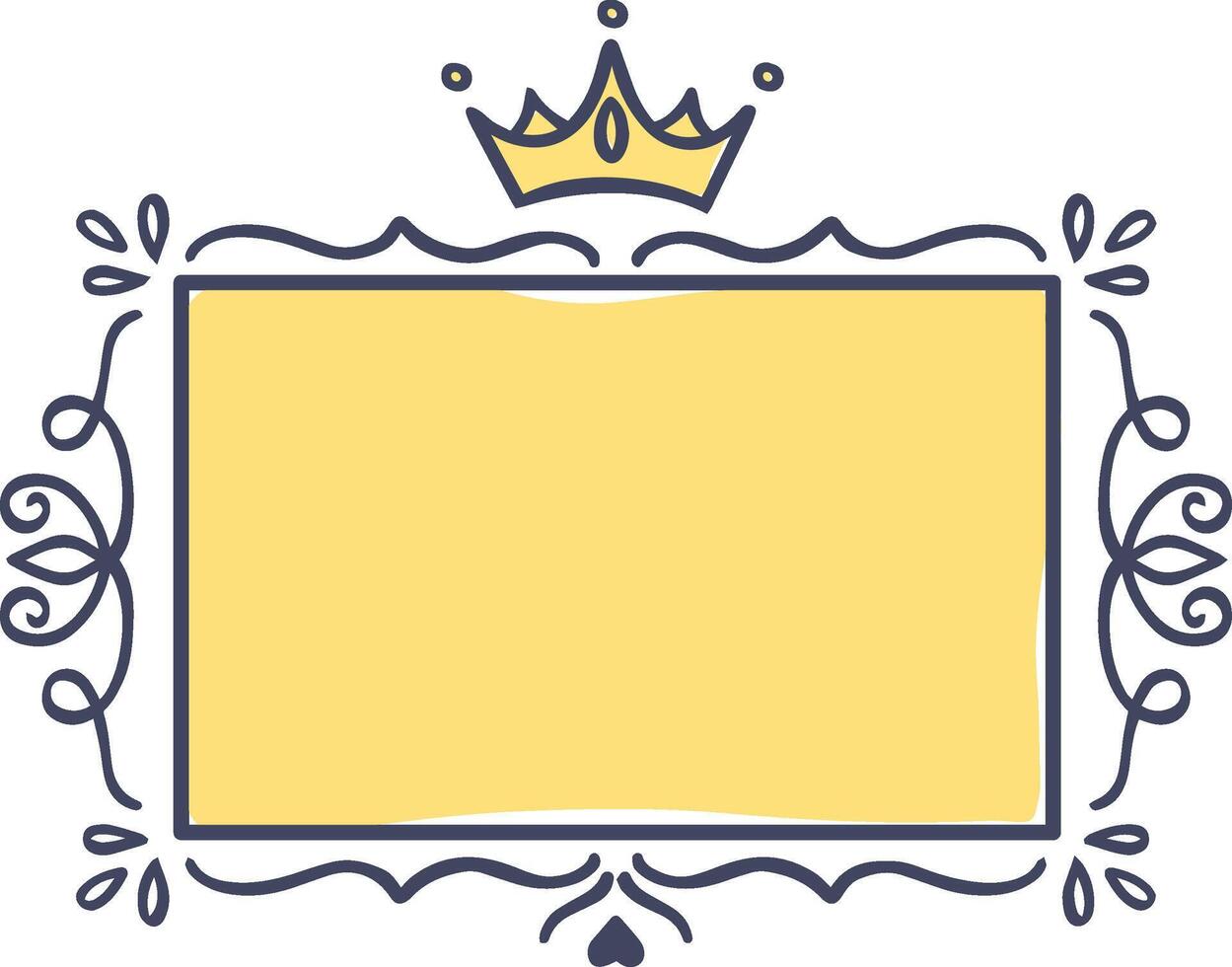 Elegant yellow rectangular frame with crown and flourishes, perfect for invitations, announcements, or any design project requiring a touch of royalty and sophistication vector